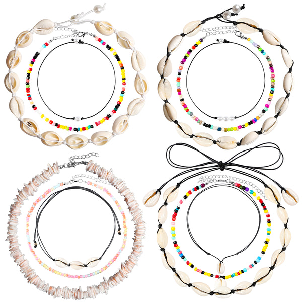 PANTIDE 12Pcs Natural Shell Choker Necklace for Women–Puka Cowrie Seashell Choker Necklace, Adjustable Rainbow Seed Bead Choker Necklace, Handmade Pearl Boho Hawaiian Style Beach Jewelry for Summer