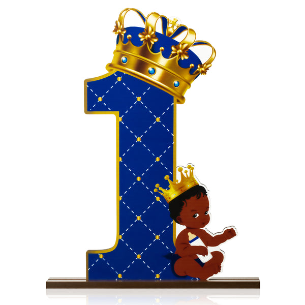 PANTIDE Royal Prince Number 1 Wooden Table Centerpiece African American Baby Boy One Birthday Party Decoration Blue and Gold Crown First Birthday Baby Shower Photo Props for Boys