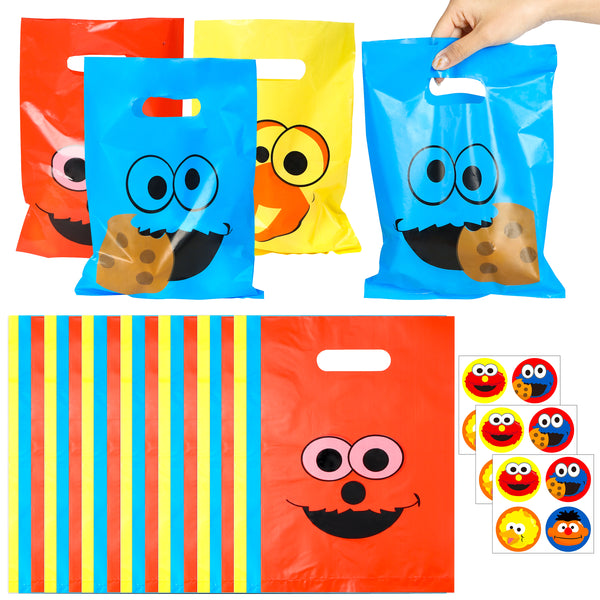 PANTIDE 60Pcs Sesame Goody Candy Treat Bags Sesame Themed Plastic Bags with Stickers, Sesame Party Favor Bags Party Supplies Decorations Elmo Cookie Monster Big Bird for Birthday Party Baby Shower