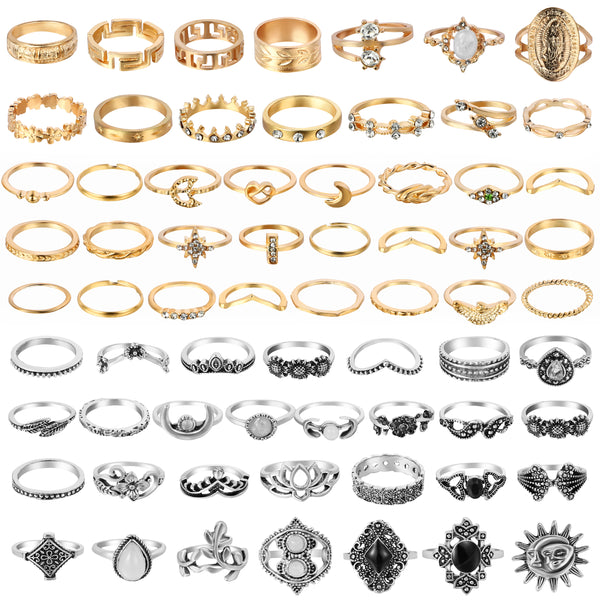 PANTIDE 67Pcs Vintage Knuckle Rings Set Stackable Finger Rings Midi Rings for Women Bohemian Hollow Carved Flowers Gold&Silver Rings Crystal Joint Rings with Storage Bag