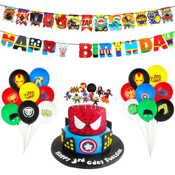 PANTIDE 54 Pack Superhero Party Supplies Set Spider 40Pcs Latex Balloons Happy Birthday Garland Banner Suit Cake Cupcake Toppers Decor Sign Superhero Theme Party Favor Supplies Decorations for Kids