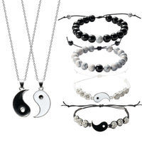 PANTIDE 6Pcs Yin Yang BFF Couples Bracelets Necklace Set Adjustable Yin Yang Pendant Matching Necklace Cord Bracelet Energy Beads Bracelet Friendship Relationship Valentines Gift Boyfriend Girlfriend