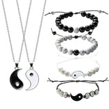 PANTIDE 6Pcs Yin Yang BFF Couples Bracelets Necklace Set Adjustable Yin Yang Pendant Matching Necklace Cord Bracelet Energy Beads Bracelet Friendship Relationship Valentines Gift Boyfriend Girlfriend