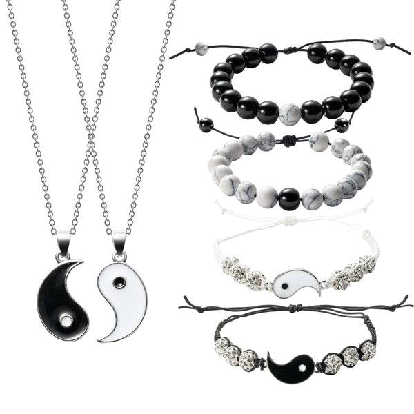 PANTIDE 6Pcs Yin Yang BFF Couples Bracelets Necklace Set Adjustable Yin Yang Pendant Matching Necklace Cord Bracelet Energy Beads Bracelet Friendship Relationship Valentines Gift Boyfriend Girlfriend