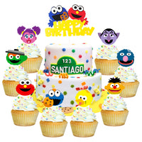 PANTIDE 49 Pack Sesame Inspired Cake & Cupcake Toppers Kit, Happy Birthday Sesame Cake Topper Cupcake Toppers Elmo Cookie Monster Big Bird Birthday Party Supplies Favors Cake Decorations for Kids