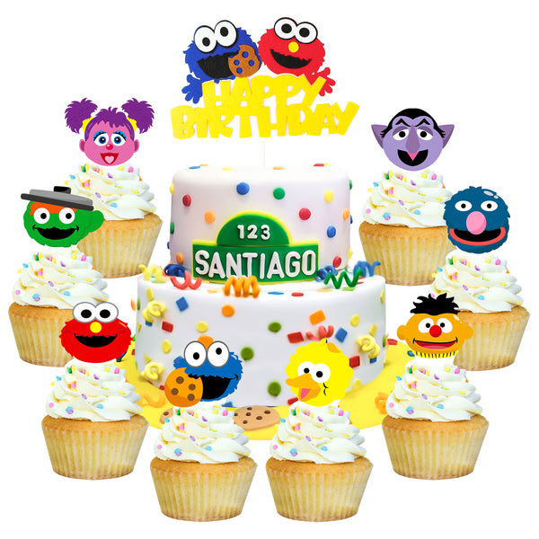 PANTIDE 49 Pack Sesame Inspired Cake & Cupcake Toppers Kit, Happy Birthday Sesame Cake Topper Cupcake Toppers Elmo Cookie Monster Big Bird Birthday Party Supplies Favors Cake Decorations for Kids