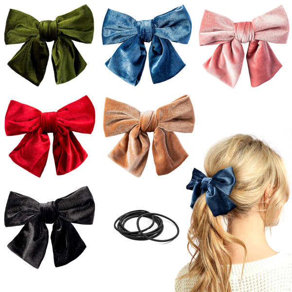 PANTIDE 6 Packs Velvet Hair Bow Clips Barrettes with Black Hair Ties, 6 Colors Large Hair Bowknot with Alligator Hair Clips, Elegant French Style Hair Accessories for Toddlers Baby Girls Women Ladies