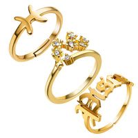 PANTIDE 3Pcs Constellation Zodiac Sign Open Rings for Women Girls, Retro Gold Plated 12 Constellation Finger Rings, Exquisite Letter Horoscope Old English Zodiac Sign Rings Jewelry for Birthday Gift