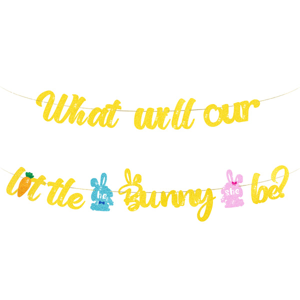 PANTIDE Little Bunny Gender Reveal Banner Glitter Easter What Will Our Little Bunny Be Easter He or She Gender Reveal Hung Bunting Pregnancy Announcement Party Decorations Supplies for Baby Shower