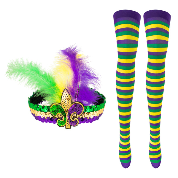 PANTIDE 2 Packs Mardi Gras Long Striped Stockings with Feathers Headband for Women Girls- Colorful Striped Socks Thigh High Tall(One Size), Purple Yellow Green Sequin Flapper Elastic Headband