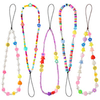 PANTIDE 5 Packs Beaded Phone Lanyard Y2K Phone Charms Indie Smiley Face Flower Charm Wrist Strap Phone Preppy Keychain Acrylic Polymer Clay Handmade Kidcore Aesthetic Phone Chains Gift for Women