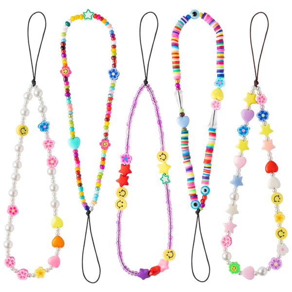 PANTIDE 5 Packs Beaded Phone Lanyard Y2K Phone Charms Indie Smiley Face Flower Charm Wrist Strap Phone Preppy Keychain Acrylic Polymer Clay Handmade Kidcore Aesthetic Phone Chains Gift for Women