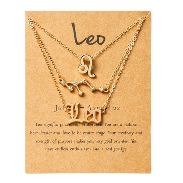 PANTIDE 3Pcs Constellation Zodiac Layer Necklaces for Women Girls, Retro Gold Plated 12 Constellation Pendant Necklace Exquisite Letter Horoscope Old English Zodiac Sign Necklace Jewelry Birthday Gift