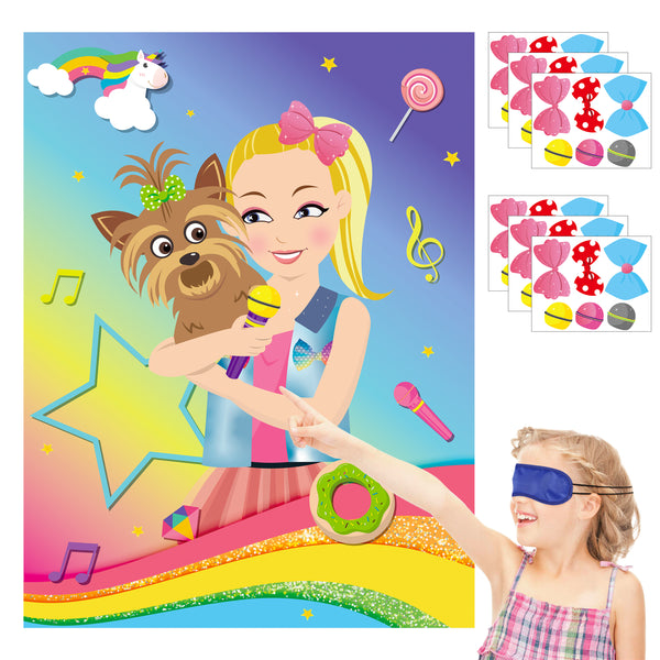 PANTIDE Pin The Bow and Microphone on JOJO Poster, JOJO Party Games with 36pcs Bows Microphones Stickers, JOJO Theme Sticker Game Party Supplies, Outdoor Indoor Activity Birthday Party Wall Decoration