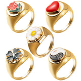 PANTIDE 5Pcs Chunky Retro Rings Enamel Gold Plated Rings Yin Yang Daisy Flower Rose Heart Lucky Clover Y2K Aesthetic Jewelry Glazed Minimalist Stacking Bold Statement Rings for Women (Size 8)