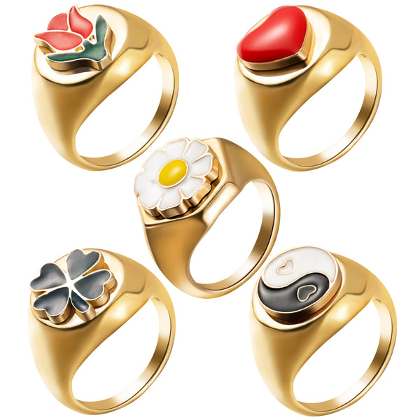 PANTIDE 5Pcs Chunky Retro Rings Enamel Gold Plated Rings Yin Yang Daisy Flower Rose Heart Lucky Clover Y2K Aesthetic Jewelry Glazed Minimalist Stacking Bold Statement Rings for Women (Size 8)