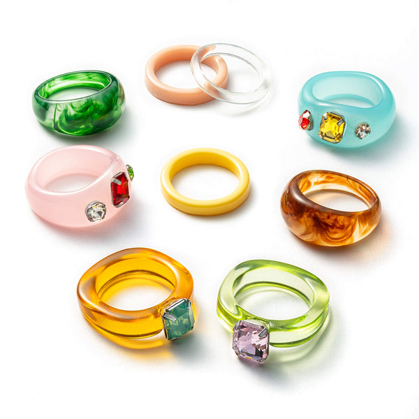 PANTIDE 9Pcs Retro Resin Acrylic Diamond Ring- Vintage Wood Plastic Resin Ring Colorful Index Finger Ring Jewelry Valentine's Day Gift, Fashion Unique Square Gem Ring Figure Accessory for Girls Women