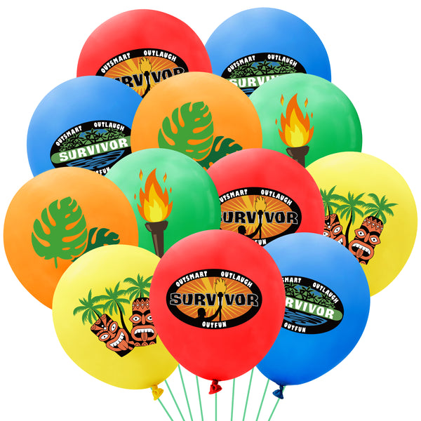 PANTIDE 50 Packs Survivor TV Show Party Balloons Survivor Themed Party Decorations Supplies Favors 12 Inches Green Orange Blue Red Yellow Torch Palm Leaves Latex Balloons for Kids Birthday Baby Shower