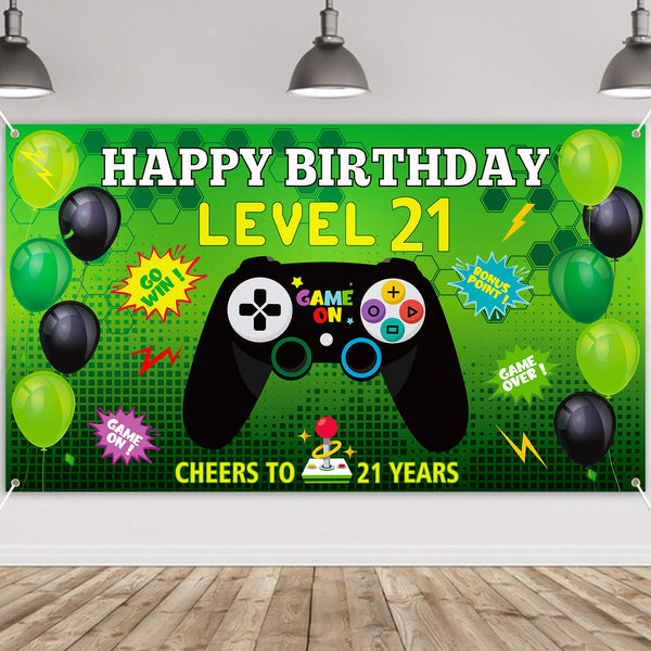 PANTIDE Level 21 Video Game Happy Birthday Backdrop Banner- Level Up Birthday Party Decorations Supplies, Game Controller Balloon Banner Background, Game On Party Large Poster Accessory (6.5 x 3.8ft)