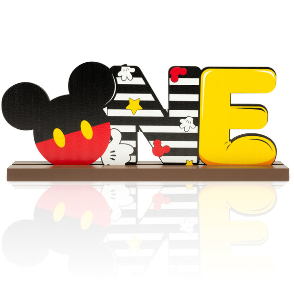 Laffact Mickey Theme One Letter Sign Table Decoration for Wooden Table Centerpiece Topper, 1st Birthday Party Decoration Supplies One Birthday Wood Table Sign Milestone Photo Props for Baby Shower