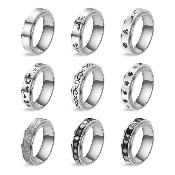 PANTIDE 9Pcs Stainless Steel Spinner Rings for Women Men Fidget Band Anxiety Rings Flower Moon Star Lightning Texture Cat Glossy Sandblast Finish Rings for Stress Relieving Meditation Wedding Promise Size 7-8