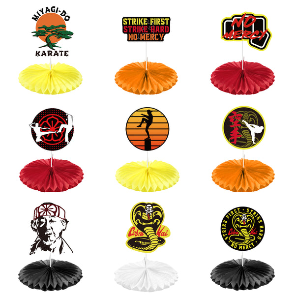 PANTIDE 9Pcs Karate Taekwondo Party Honeycomb Centerpiece Table Toppers Flower Paper Fans Strike First Strike Hard No Mercy Karate Theme Birthday Favors Supplies Decorations for Kids Adults