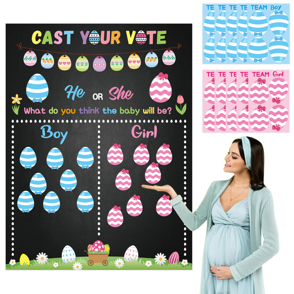PANTIDE Easter Egg Hunt Gender Reveal Party Games for Guests Cast Your Vote He or She Gender Reveal Poster with Team Boy or Team Girl Egg Voting Stickers for Spring Baby Shower Party Decor Supplies