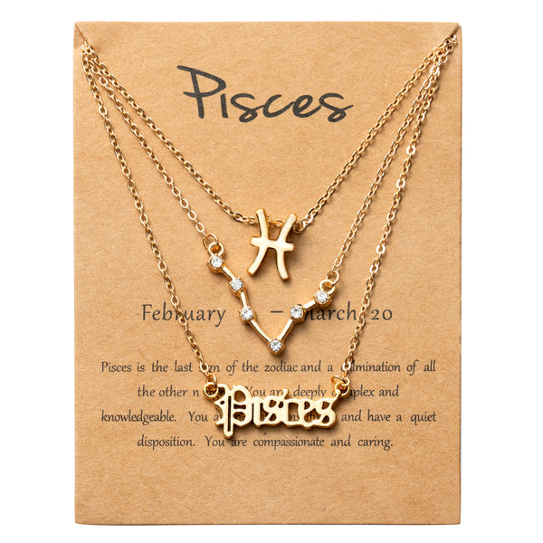 PANTIDE 3Pcs Constellation Zodiac Layer Necklaces for Women Girls, Retro Gold Plated 12 Constellation Pendant Necklace Exquisite Letter Horoscope Old English Zodiac Sign Necklace Jewelry Birthday Gift