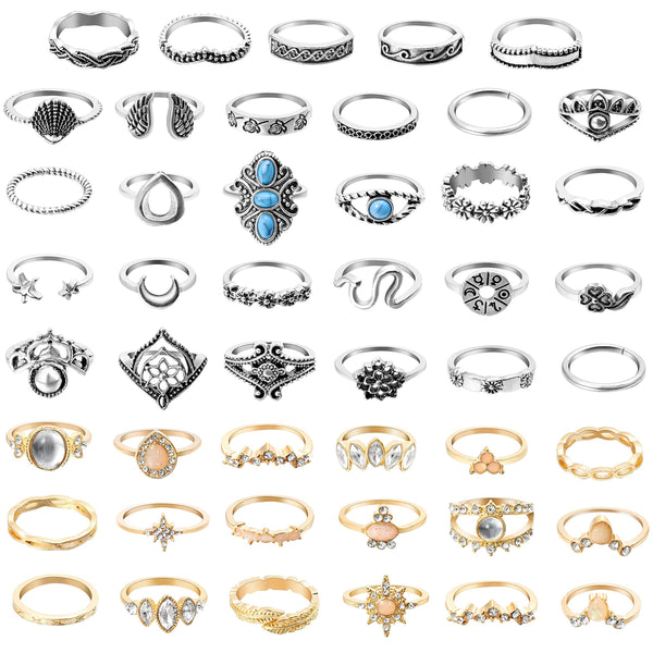 PANTIDE 48Pcs Vintage Boho Knuckle Rings Set Stackable Finger Rings Midi Rings for Women Girls Trendy Bohemian Hollow Carved Flowers Gold&Silver Rings Crystal Joint Rings Jewelry with Storage Bag