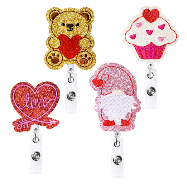 PANTIDE Set of 4 Love Heart Retractable Badge Reels Sweet Heart Bear Cupcake Gnome Shiny Glitter Felt Name ID Card Decorative Pink Badge Holders with Alligator Clip for Student Doctor Office Worker