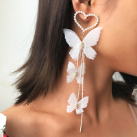 PANTIDE Pearl Heart Butterfly Dangle Earrings for Women Girls, Wedding Pearl Plated Yarn Butterfly Hook Long Tassel Dangling, Butterfly Earrings for Bridal Dress Ear Accessories Earrings Gift