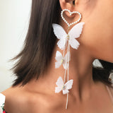PANTIDE Pearl Heart Butterfly Dangle Earrings for Women Girls, Wedding Pearl Plated Yarn Butterfly Hook Long Tassel Dangling, Butterfly Earrings for Bridal Dress Ear Accessories Earrings Gift