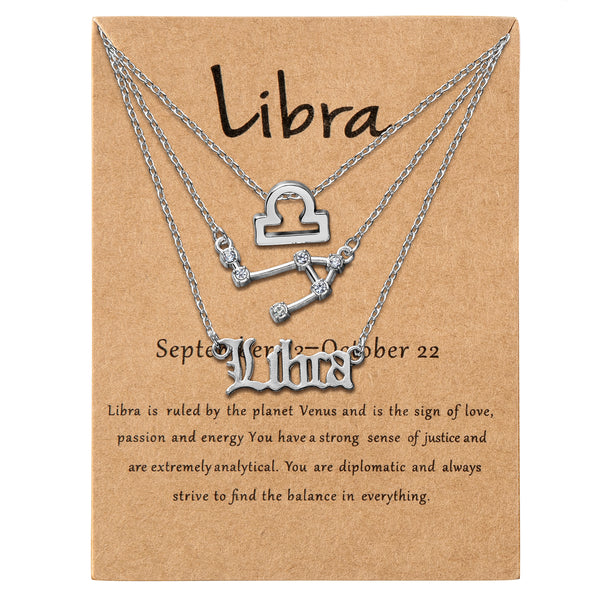 PANTIDE 3Pcs Constellation Zodiac Layer Necklace for Women Retro Gold Plated 12 Constellation Pendant Necklace Exquisite Letter Horoscope Old English Zodiac Sign Necklace Jewelry Birthday Gift(Silver)