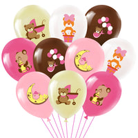 PANTIDE 52Pcs Cute Bear Print Balloons Set 12 Inches Pink Rose Red Yellow Brown White Latex Balloons with Bear Patterns for Baby Girls Kids Baby Shower Birthday Party Supplies Decorations with Ribbon