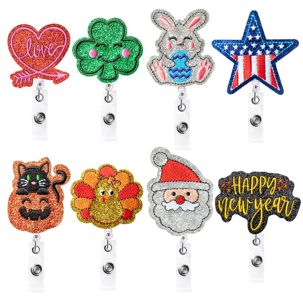PANTIDE 8 Packs Holiday Badge Reels Love Heart Clover Bunny Embroidered Retractable Felt Name ID Card Decorative Badge Holders with Alligator Clip for New Year Valentine's Day St. Patrick's Day Easter