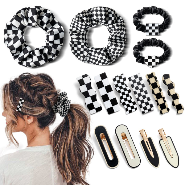 PANTIDE 14 Packs Black and White Checkered Hair Pins Hair Scrunchies Set Checkerboard No Crease Wave Geometric Duckbill Hair Clip and Hair Ties Fashion Hair Accessories for Women Girls Toddlers