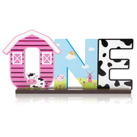 PANTIDE Pink Farm Animals One Letter Sign Wooden Table Centerpiece for Baby Girls Cow Barnyard Animals Themed 1st Birthday Party Decorations Supplies Milestone Baby Shower Cake Smash Photo Props