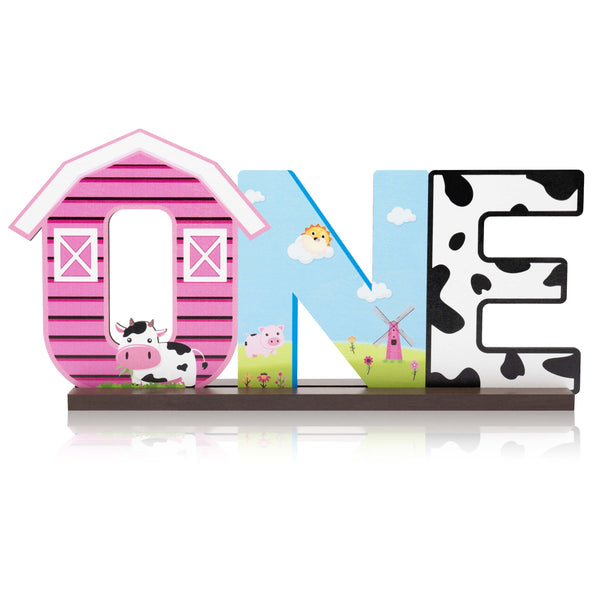 PANTIDE Pink Farm Animals One Letter Sign Wooden Table Centerpiece for Baby Girls Cow Barnyard Animals Themed 1st Birthday Party Decorations Supplies Milestone Baby Shower Cake Smash Photo Props