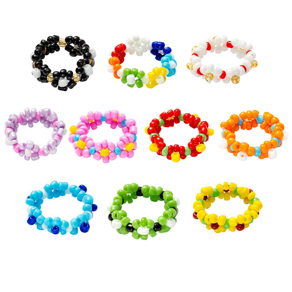 PANTIDE 10 Pcs Daisy Flower Bead Rings Set, Cute Handmade Flower Beaded Rings, Fashion Vsco Boho Beach Rings, Colorful Jewelry Rings with 7 Flowers Indie Kidcore Aesthetic for Teens Baby Girls