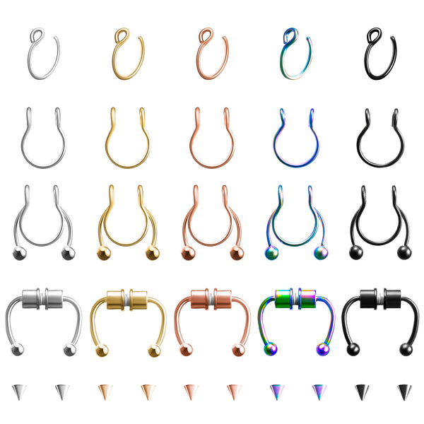 PANTIDE 20Pcs Magnetic Fake Nose Rings Horseshoe Septum Non Piercing Nose Hoop Studs Rings Reusable Stainless Steel Alloy False Nose Ring Hoop Faux Piercing Nose Ear Lip Jewelry for Women Men Girls