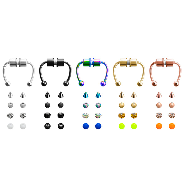PANTIDE 5Pcs Magnetic Septum Fake Nose Rings Horseshoe Non Piercing Nose Hoop Studs Rings Reusable Stainless Steel Colorful Alloy False Nose Ring Hoop Faux Piercing Nose Ear Lip Jewelry for Women Men