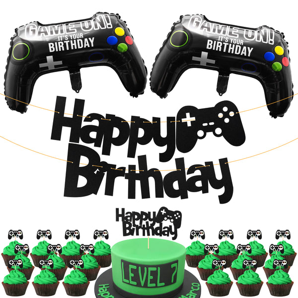 PANTIDE 25Pcs Video Game Birthday Party Decorations, Game On Birthday Party Supplies for Boys – Game Controller Foil Balloons, Gaming Glittery Happy Birthday Banner, Shiny Cake Topper, Cupcake Toppers