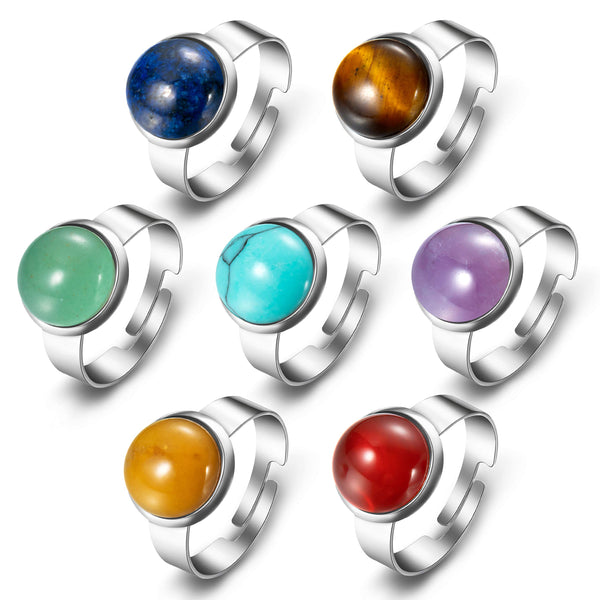 PANTIDE 7 Pcs Natural Chakra Stone Rings Healing Aura Gemstone Rings Adjustable Cabochon Titanium Steel Rings Ethnic Boho Style Jewelry Accessories for Women Girls Wedding Anniversary Birthday Gifts