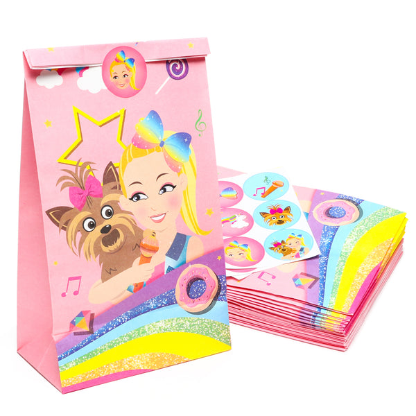 PANTIDE 24 Packs JoJo Goodies Candy Treat Bags with Stickers, Recyclable Paper Party Favor Gifts Bags, JoJo Themed Party Decorations Supplies for Kids Girls Birthday Baby Shower