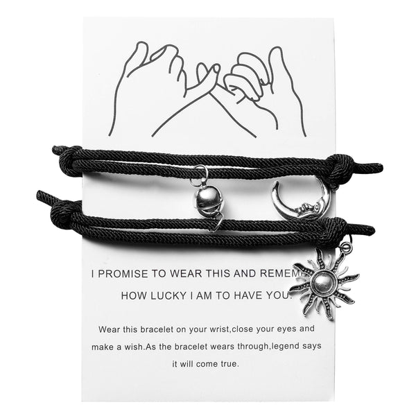 PANTIDE 2Pcs Sun and Moon Magnetic Couples Bracelets - Mutual Attraction Matching Relationship Adjustable Distance Bracelet Gift with Envelop, Greeting Card, Velvet Bag for Lover Girlfriend Boyfriend