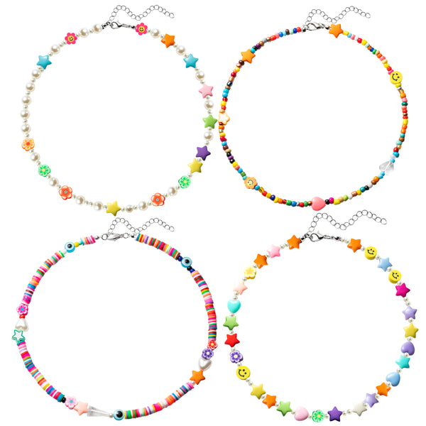 PANTIDE 4 Pack Colorful Beaded Pearl Choker Necklaces Y2K Aesthetic Rainbow Smile Flower Star Heart Evil Eyes Acrylic Polymer Clay Handmade Necklaces Preppy Kidcore Indie Jewelry Gift for Girls Women