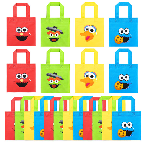 PANTIDE 20 Packs Sesame Non-Woven Party Favor Bags, Elmo Cookie Monster Reusable Candy Treat Tote Bags with Handle, Sesame Themed Gift Bags Party Decorations for Kids Birthday Baby Shower, 4 Styles
