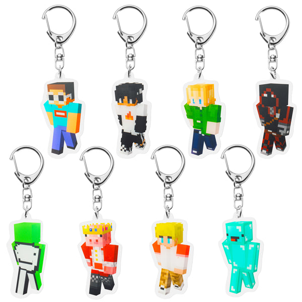 Laffact 8 Packs Dream SMP Mcyt Keychains Game Character Acrylic Keyring Accessories for Keys Wallets Bags Collectible Anime Figure Pendant Hanging Key Chain Decor with Metal Rotatable Link for Kids