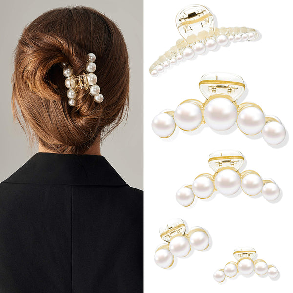 PANTIDE 5 Packs Large Pearl Hair Claw Clips for Women, Non-Slip Assorted Sizes Hair Barrette, Fashion Styling Plastics Jaw Clamp Clips Strong Hold Hair Accessories with Black Drawstring Storage Bag