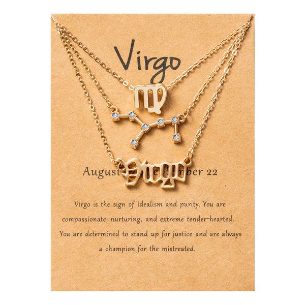 PANTIDE 3Pcs Constellation Zodiac Layer Necklaces for Women Girls, Retro Gold Plated 12 Constellation Pendant Necklace Exquisite Letter Horoscope Old English Zodiac Sign Necklace Jewelry Birthday Gift